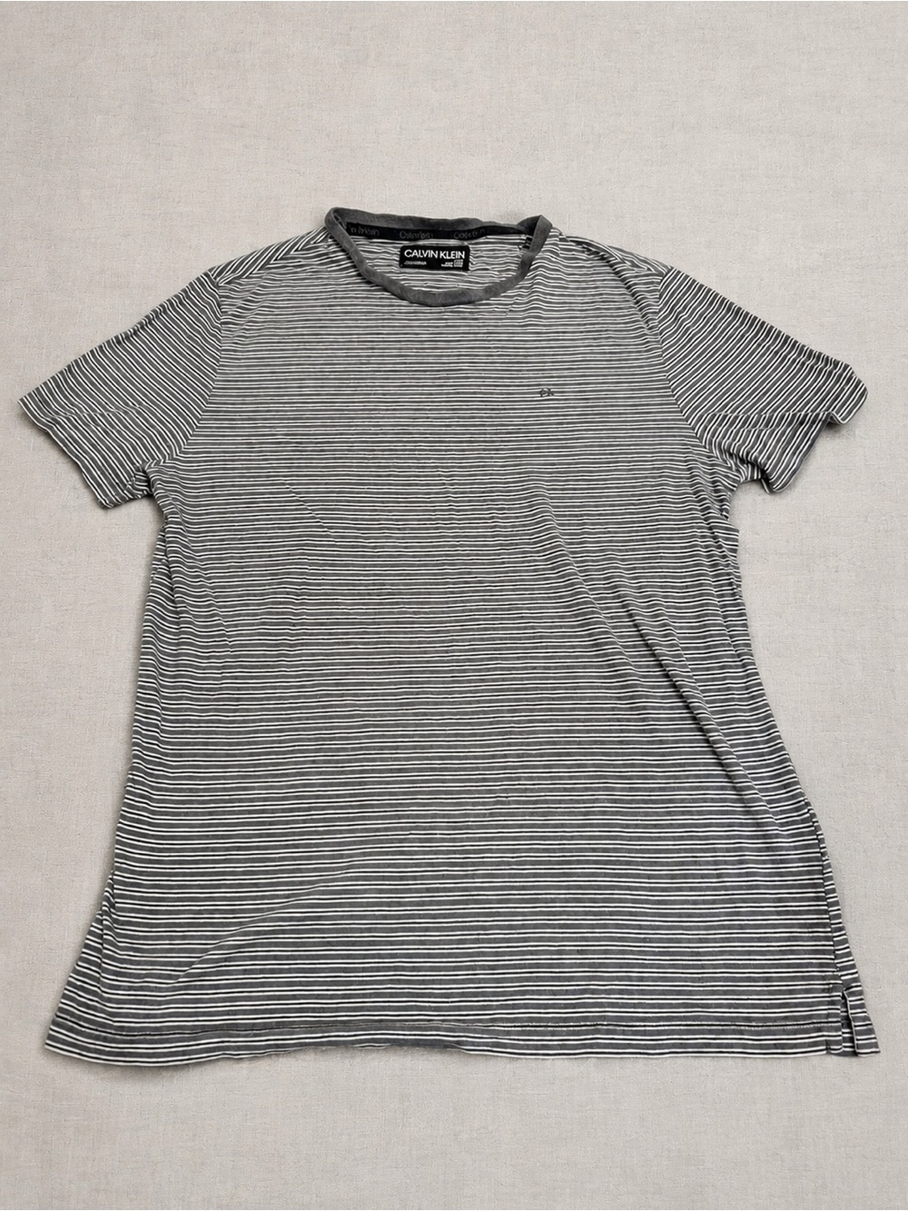 Calvin Klein Men’s Black and White Thin-Stripe Crew Tee